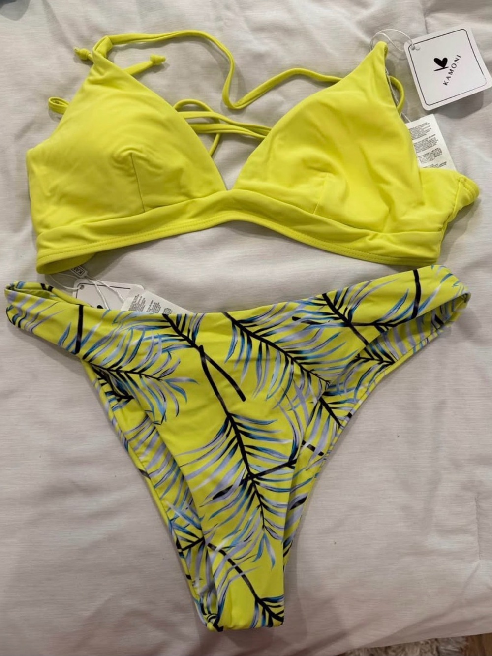 KAMOHI Neon Yellow Tropical Leaf Triangle Bikini